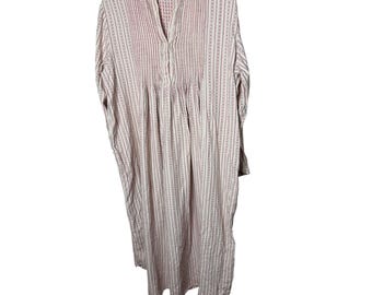 LL Bean Womens Red Cream Striped Cotton Nightgown Long Sleeve Sleep Shirt L