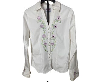 Roper Womens White Floral Embroidered Western Pearl Snap Shirt Long Sleeve L
