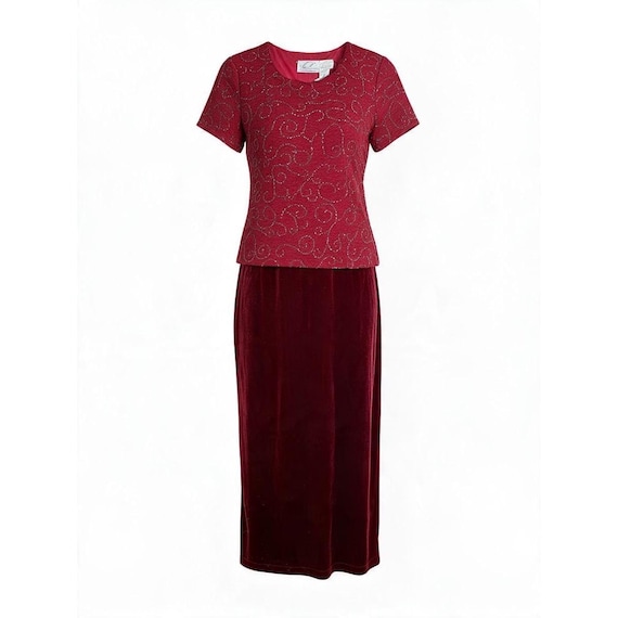 Lee, Kathie Lee Collection Vintage Cranberry Red Glitter Velvet Maxi Dress Small