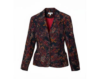 Chaqueta tipo blazer Coldwater Creek para mujer, talla 14, con estampado floral a cuadros y tapiz flocado, color rojo y naranja.