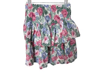 Gonna a balze a strati con stampa floreale stile anni '90 di Michelle, rosa e verde, taglia 12 USA.
