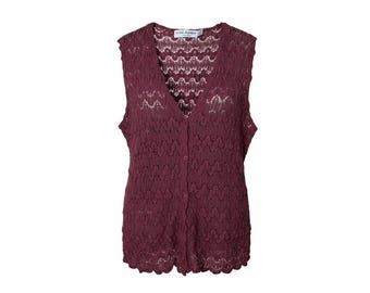 Lou Nardi New York Womens Purple Pointelle Cotton Knit Button Front Vest L USA