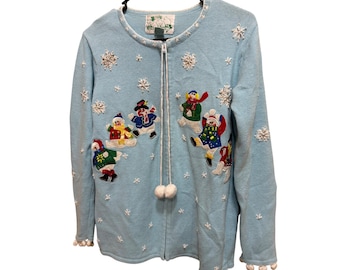 The Quacker Factory Blauer Schneemann Bestickter Zip Up Cardigan Pullover Größe S