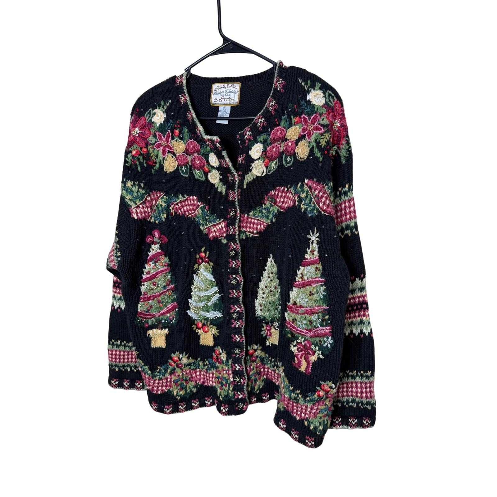 Pull De Noël Vintage Heirloom Collectibles 2004 - Motifs Bas Et étoiles, Noir - Taille M, Fermeture éclair Complète