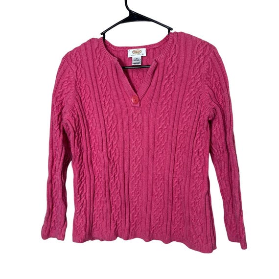 Talbots, Vintage Talbots Woman Petites 1X Pink Cable Knit V-Neck Long Sleeve Sweater