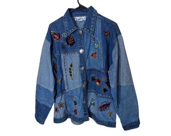 Vintage Sara Studio Women's 3X Denim Jacket Fall Leaf Embroidered
