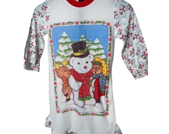 Vintage Nutcracker Girls Christmas Nightgown Polar Bear Snowman Ruffle White Red