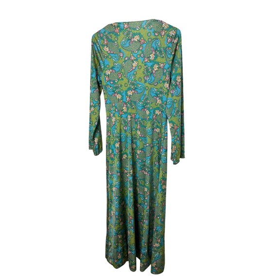 sears green dress Vintage Sears Maxi Wrap Dress Green Paisley Floral Long Sleeve Boho Bohemian