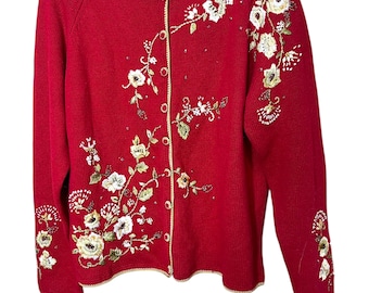 Vintage Heirloom Collectibles Red Embroidered Cardigan Sweater Size S