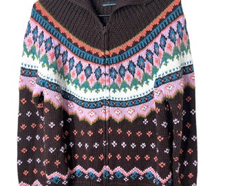 Vintage Moda International Wool Blend Fair Isle Zip Front Sweater Size Medium