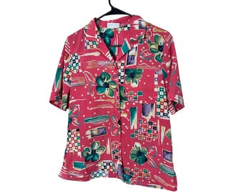 Chemisier Alfred Dunner Petite 10, haut rose boutonné à manches courtes et imprimé floral