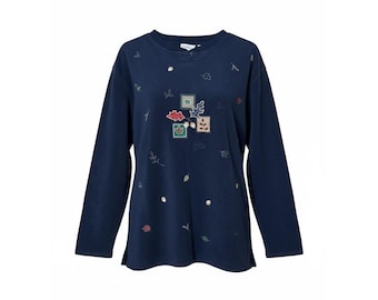 Bobbie Brooks Navy Blue Fleece Gestickte Herbst Blätter Eichel Sweatshirt Groß