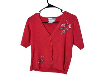 Dress Barn Women pink Short Sleeve Embroidered Rose Cardigan Sweater Size 8
