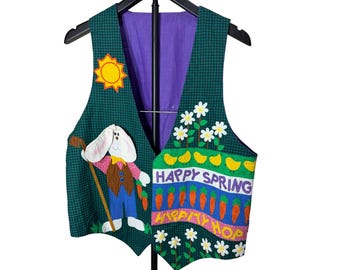Chaleco vintage de conejito de Pascua con apliques de cuadros vichy para primavera, color verde y morado.