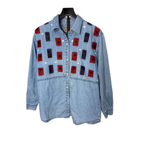 Tantrum Blues Vintage Denim Star Patchwork Skjorta Dam Stor Blå