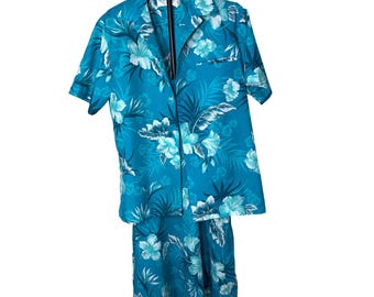 Conjunto de dos piezas de vestido y camisa con estampado floral turquesa estilo hawaiano de Island Fashion, talla M/L