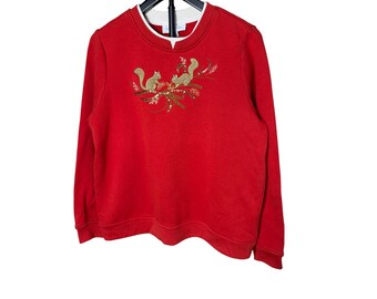 Breckenridge Damen Rot Gesticktes Eichhörnchen Sweatshirt Rundhalsausschnitt Größe L