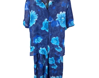 Laura Berlucchi Vintage Blue Floral 2 Stück Set transparentes Shirt & Midi Rock Gr.L