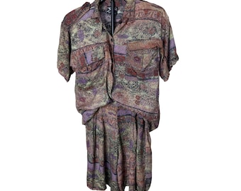 Vintage Zushi 2 Piece Set Womens Small Rayon Batik Print Shirt Shorts Multicolor