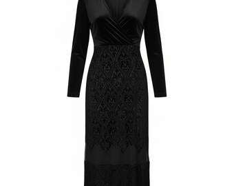Carole Little Vintage Black Velvet Burnout Damask Maxi Dress Long Sleeve 12