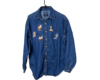 Vintage SOLUTIONS Denim Button Up Shirt Christmas Cats Embroidered Medium