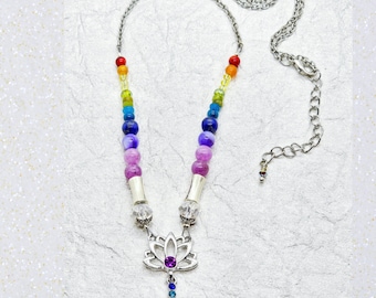 Lotus necklace. Chakra necklace. Chakra stones. Spiritual jewelry. Grounding jewelry. Rainbow jewelry. Handmade. Energy jewelry. Frequency.
