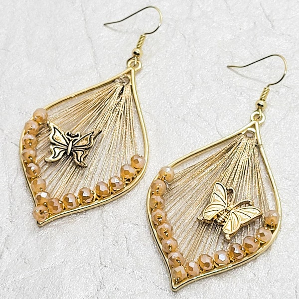 Gold earrings. Butterfly earrings. Beaded earrings. Gold Dangle earrings. Sweet earrings. Gold butterfly. Butterfly. Gold. Gift for women.