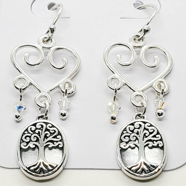 Tree of Life in imported sterling silver from Bali with Mother of Pearl, sterling silver heart, hooks and Aurora Swarovski crystals earrings
