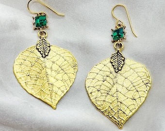 Gold leaf earrings. emerald earrings. Crystal earrings. fall earring. nature earrings. leaf and plant jewelry. statement earrings. gift idea