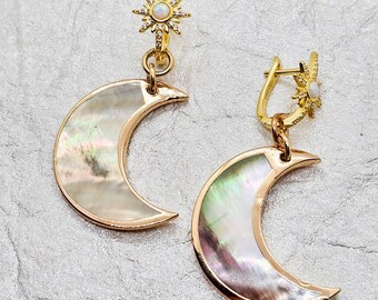 Abalone moon. Opal star. Opal earrings. Abalone earrings. Gold earrings. Moon earrings. Star earrings. Handmade. Unique earrings. Gift ideas