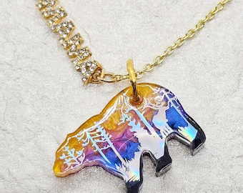 Mama bear. Mama necklace. Bear necklace. Handmade. Sunset jewelry. Metallic resin. Gold necklace. Forest. Outdoor. Gift for mom. Holographic
