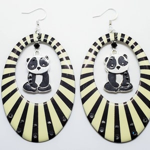 Enlightened Yoga panda with black Swarovski crystals statement earrings with silver hooks