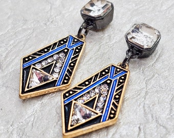 Art Deco earrings. Gatsby. 1940s. Vintage earrings. Crystal earrings. Black earrings. Blue. Handmade. Unique jewelry. One of a kind
