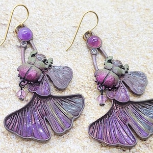 Hand colored scarab beetles on leaf pads with Swarovski crystals in diamond and lilac, amethysts and 10k gold hooks earrings for women