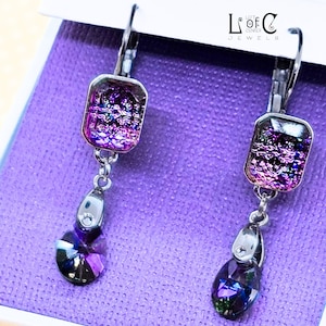 Purple crystals. Purple earrings. Silver earrings. Swarovski crystals. Teardrop crystals. Rainbow crystals. Iridescent crystals. Gift ideas