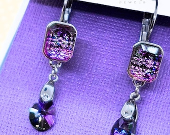 Purple crystals. Purple earrings. Silver earrings. Swarovski crystals. Teardrop crystals. Rainbow crystals. Iridescent crystals. Gift ideas