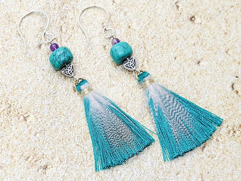 Large turquoise with sterling silver celtic knot hearts amethysts and tassels with pheasant feathers and 925 sterling silver hooks earrings