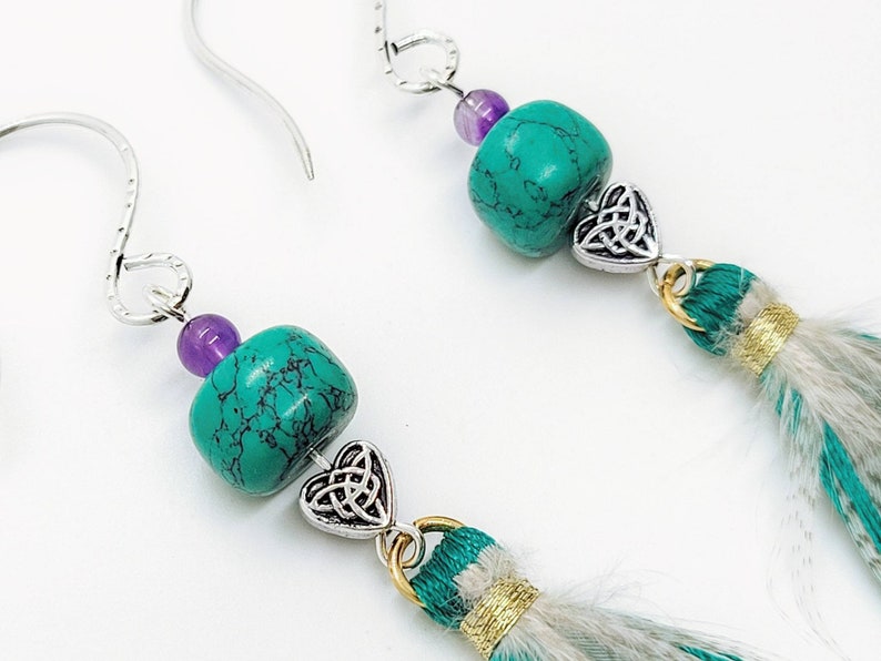 Large turquoise with sterling silver celtic knot hearts amethysts and tassels with pheasant feathers and 925 sterling silver hooks earrings