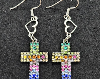 Cross. Cross earrings. Cross jewelry. Rainbow. Colorful. Crystal earrings. Heart earrings. Spiritual jewelry. Handmade. Gift ideas. Faith.