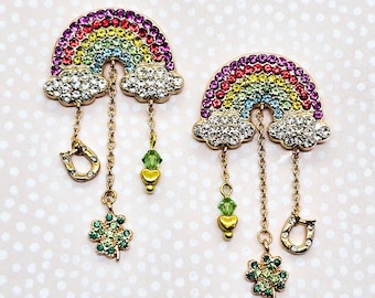 Luck earrings. Rainbow earrings. rainbow jewelry. good luck. Irish. St Patty's. horse shoe. clover. crystals. rainbow crystals. gold earring