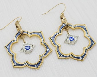 Brass lotus mandala flower painted blue highlights with crystal 3rd Eye and 10k gold hooks earrings for women