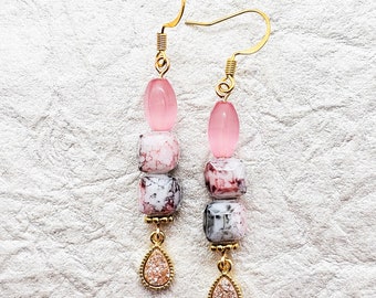 Exotica Rose Jasper earrings. Pink cats eye. Pink earrings. Stone earrings. Stone cubes. Cube earrings. Gold earrings. Pink Druzy Quartz.