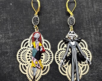 Nightmare before Christmas. Jack pumpkin king. Halloween. Gold earrings. Black geode. Holiday earrings. Jack and Sally. Handmade. Unique.