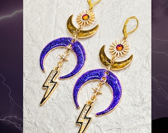 Dark moon. Moon earrings. Sun earrings. Crescent moon. Gold moon. Lightning. Purple moon. Handmade. Crystal earrings. Celestial jewelry.