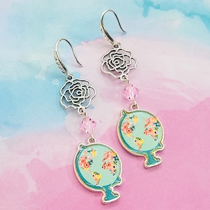 Globe earrings. Rose earrings. Crystal earrings. Pink Crystal. Flower jewelry. Flower earrings. Gift for women. Inspirational. Handmade.