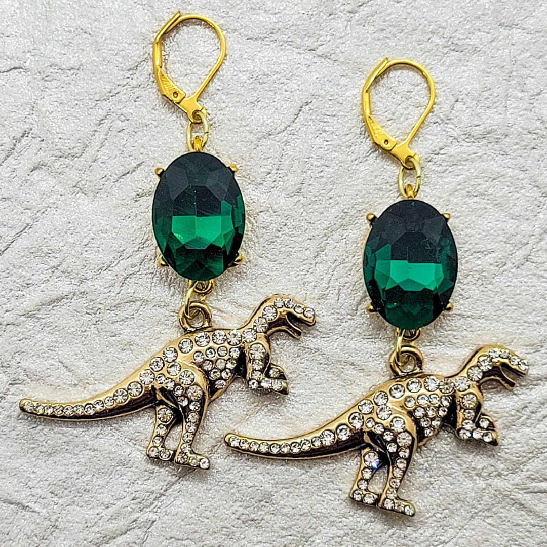 Diamond Dinosaurs. Emerald Earrings. T Rex. Dinosaur Earrings. Etsy