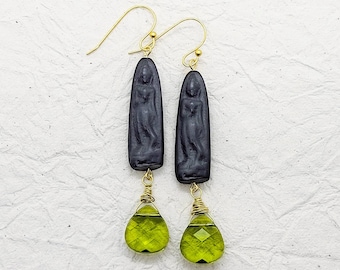 Carved Egyptian goddess black antique beads with large beveled peridot Swarovski crystals and 18k gold hooks earrings for women