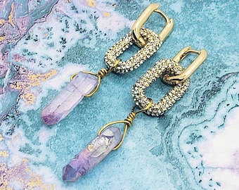 Gold link hooks, gold and crystal encrusted links with AB lilac purple quartz crystals wire wrapped drop earrings for women