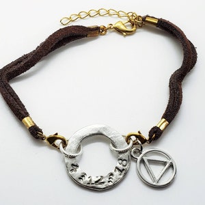 Personalized double stranded dark brown suede leather sobriety date bracelet with AA charm