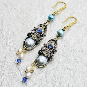 Beetle earrings. Crystal earrings. Long earrings. Big earrings. Pearl earrings. Pearls. Freshwater pearls. Blue pearls. Gift for women.